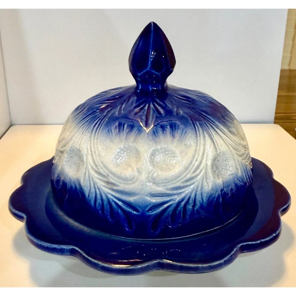 Vintage Cobalt Blue & White Stoneware Butter Dish w Lid Thistle Pattern Farmhous
